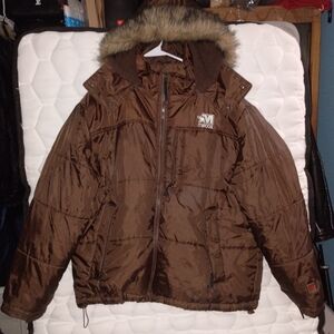 Mecca Brown Quilted Puffer Jacket with Genuine  Fur Trim Hood Mens 2x new Cond